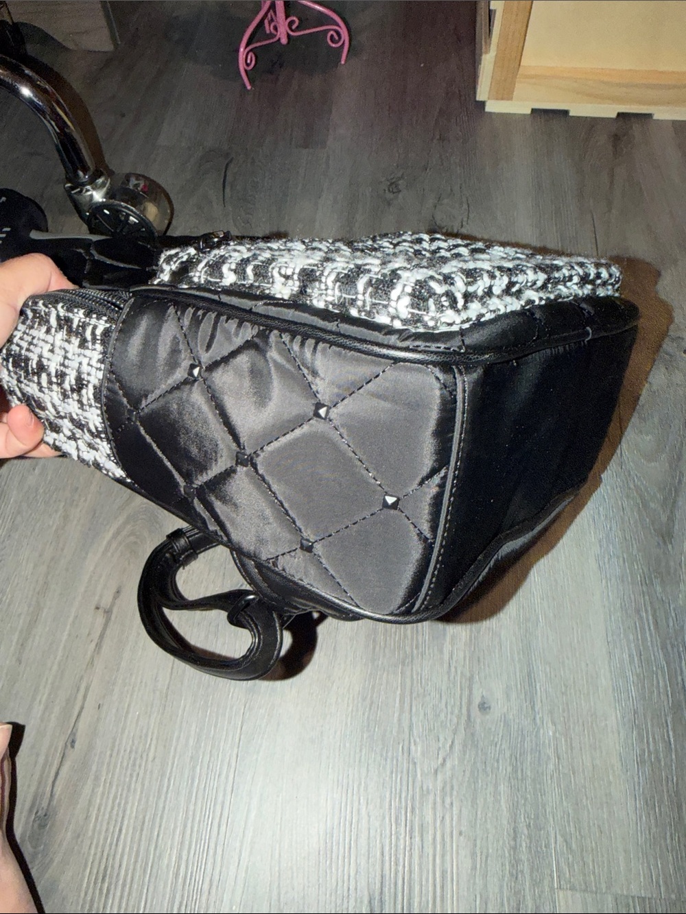 NWT Badgley Mischka Black and White Tweed Quilted Mini Backpack - Picture 4 of 4